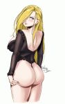  1girl artist_name ass ass_support back backless_outfit blonde_hair blue_eyes breasts closed_mouth commentary cowboy_shot frills from_behind fullmetal_alchemist g-string hair_over_one_eye hand_on_ass highres large_breasts lips long_hair long_sleeves looking_back no_pants olivier_mira_armstrong relaxjon simple_background solo standing thong underwear white_background 