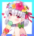  1girl bangs bare_shoulders bikini blush breasts commentary fate/grand_order fate_(series) flower_wreath food hair_ribbon head_wreath heart highres ice_cream ice_cream_cone kama_(fate) kama_(swimsuit_avenger)_(fate) looking_at_viewer red_eyes ribbon shimejirou_(000kk) short_hair silver_hair small_breasts solo swimsuit 