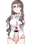  1girl absurdres akikaze_rui arms_behind_back ass_visible_through_thighs bangs bar_censor black_hair blush breasts bright_pupils button_gap censored closed_mouth collared_shirt cowboy_shot dress_shirt erection eyebrows_visible_through_hair futanari goe_(g-o-e) hair_between_eyes high_ponytail highres large_breasts large_penis long_hair long_sleeves looking_at_viewer no_pants panties penis penis_in_panties ponytail red_eyes shirt shoujo_kageki_revue_starlight shoujo_kageki_revue_starlight_-re_live- sidelocks simple_background solo standing underwear veins veiny_penis very_long_hair wavy_hair white_background white_panties white_pupils white_shirt 