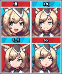  &gt;:( 1girl :d :o animal_ear_fluff animal_ears arknights bangs blonde_hair blue_eyes bow closed_mouth curly_hair drill_hair eyebrows_visible_through_hair eyelashes hair_bow hair_ornament hat horse_ears horse_girl looking_away looking_to_the_side multiple_views open_mouth panels pixel_art smile thejunebug upper_body v-shaped_eyebrows whislash_(arknights) 