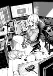  1girl cat chair controller copyright_request drawing_tablet game_controller long_sleeves monochrome multiple_screens office_chair saeki_shun short_hair shorts sitting solo stylus swivel_chair 