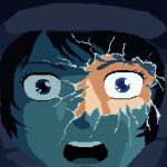  1980s_(style) 1boy bad_end black_hair blue_eyes broken_glass commentary_request crazy crazy_eyes glass gundam helmet kamille_bidan kitazume_hiroyuki_(style) mecha_pilot_suit open_mouth pixel_art retro_artstyle sanpaku scene_reference science_fiction space_helmet spoilers thousand_yard_stare user_ynzk7837 zeta_gundam 