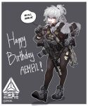  1girl absurdres ar-15 artist_name assault_rifle black_pantyhose borrowed_character bulletproof_vest commentary english_text epakim fang full_body grey_background grey_hoodie grey_shoes gun hand_on_own_hip happy_birthday highres hood hoodie long_hair open_mouth original pantyhose purple_eyes rifle shoes sneakers solo speech_bubble tactical_clothes teeth tongue tongue_out twitter_username upper_teeth_only weapon white_hair 
