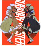  2boys adjusting_clothes adjusting_headwear azisaiharumaki56 black_coat black_hat black_pants blue_necktie border brothers character_name coat commentary_request emmet_(pokemon) gloves grey_eyes grey_hair hat highres ingo_(pokemon) long_sleeves male_focus matching_outfits multiple_boys necktie pants peaked_cap pokemon pokemon_bw shirt short_hair siblings white_border white_coat white_gloves white_pants white_shirt 