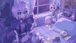  1girl aeruusa animal_ear_fluff animal_ears bangs black_hoodie bulletin_board cat_ears cat_girl cd_case clock curtains eyebrows_visible_through_hair grey_pants highres hololive hololive_gamers hood hoodie inugami_korone keychain lantern nekomata_okayu onigirya_(nekomata_okayu) ookami_mio pants purple_eyes second-party_source shirakami_fubuki short_hair sitting solo suspenders sweatpants virtual_youtuber 