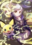  1girl blue_eyes book brown_eyes coat electricity fire_emblem fire_emblem_awakening highres hood hood_down looking_at_viewer norimaki_(nrmk_norinori) open_mouth pants pichu pointing pointing_up pokemon pokemon_(creature) purple_coat robin_(fire_emblem) robin_(fire_emblem)_(female) smile super_smash_bros. twintails white_hair white_pants 