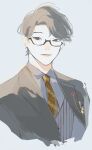  1boy asian black_jacket blazer brown_eyes brown_necktie collared_shirt glasses grey_background grey_shirt grey_vest hair_behind_ear han_ngantuk highres jacket looking_to_the_side male_focus necktie nijisanji nijisanji_id shirt smile solo taka_radjiman vest virtual_youtuber 