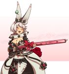  1girl animal_ears breasts caramelized_tomatoes cleavage closed_eyes collar dress elphelt_valentine fake_animal_ears flower guilty_gear gun ribbon rose short_hair smile solo spiked_collar spikes weapon white_hair white_legwear 