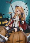  1girl asymmetrical_legwear azur_lane bangs bat black_gloves black_shorts blonde_hair blurry building cape carrying cleveland_(azur_lane) cleveland_(reaper_fever)_(azur_lane) commentary depth_of_field en eyebrows_visible_through_hair eyes_visible_through_hair full_moon gloves hair_ornament halloween hand_on_hip hat highres jack-o&#039;-lantern long_hair long_sleeves looking_at_viewer mini_hat mini_top_hat mismatched_legwear moon night night_sky official_alternate_costume one_side_up plate pointy_ears pumpkin pumpkin_pie red_eyes shorts sidelocks sitting sky smile solo star_(sky) starry_sky thighhighs top_hat west_24 