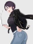  1girl :o absurdres ass belt black_hair black_jacket black_nails black_sweater breasts cigarette denim eyebrows_visible_through_hair gundou_mirei highres holding holding_cigarette iu_(iuiu1103) jacket jeans leaning_forward leather leather_jacket looking_at_viewer medium_breasts nijisanji open_mouth pants purple_eyes short_hair smoking solo sweater v-shaped_eyebrows virtual_youtuber white_belt 