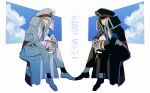  2boys azisaiharumaki56 black_coat black_hat black_pants black_shoes black_socks blue_necktie blue_sky brothers character_name closed_mouth cloud coat commentary_request emmet_(pokemon) frown gloves grey_eyes grey_hair hat highres ingo_(pokemon) invisible_chair long_sleeves male_focus matching_outfits multiple_boys necktie pants peaked_cap pokemon pokemon_bw shirt shoes short_hair siblings sitting sky smile socks symmetry white_coat white_gloves white_pants white_shirt white_shoes white_socks 