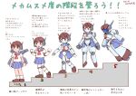  5girls android blue_skirt brown_eyes brown_footwear brown_hair chart commentary_request comparison flying hands_up humanoid_robot joints kyo_k mecha_musume mechanical_arms mechanical_ears mechanical_legs mechanical_wings multiple_girls original parody red_eyes robot_ears robot_joints school_uniform short_hair skirt smile translation_request wings 