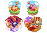  bat_wings blue_eyes blush_stickers bronto_burt brown_eyes clip_studio_paint_(medium) cloud coat galaxia_(sword) grass hammer hat highres hill king_dedede kirby kirby_(series) mask meta_knight ninjya_palette red_coat red_headwear scarfy sword waddle_dee water weapon wings yellow_eyes 