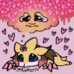 3_fingers accessory blue_eyes brown_hair chibi circe_(psykwol) claws female fingers flower flower_in_hair generation_1_pokemon hair hair_accessory heart_symbol lost_in_thought low_res lying nintendo on_front painted_claws pink_claws pink_flower pink_hair plant pokemon pokemon_(species) psykwol sandslash simple_background solo tan_body thought_bubble trans_(lore) trans_woman_(lore) watery_eyes yellow_body 