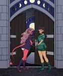 absurd_res black_hair book boots character_request clean_diaper clothed clothing demon detailed_background diaper door duo eye_contact female floofnfluff footwear green_clothing hair hi_res horn looking_at_another opening_door purple_clothing red_body red_hair shoes spellbook tail wearing_diaper