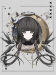  1girl absurdres arknights bare_shoulders bird black_bird black_collar black_eyes black_hair black_halo blunt_bangs chinese_commentary circle closed_mouth collar commentary_request crescent crescent_moon cropped_shoulders dark_halo detached_wings dots grey_background halo highres hime_cut lace_collar long_hair looking_at_viewer mole mole_under_eye moon portrait sample_watermark si_du sidelocks solo virtuosa_(ambience_synesthesia)_(arknights) virtuosa_(arknights) watermark wings x_(symbol) 