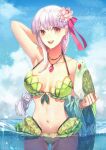  1girl arm_behind_head arm_up armlet armpits bad_face bangs bare_shoulders bikini bird blue_sky blush bracelet braid braided_ponytail breasts cleavage collarbone commentary_request earrings fate/grand_order fate_(series) flower frills green_bikini green_vest hair_flower hair_ornament hair_ribbon highres jewelry kama_(fate) kama_(swimsuit_avenger)_(fate) large_breasts long_hair looking_at_viewer lotus necklace ocean open_mouth parakeet pendant red_eyes ribbon sad_adrian silver_hair sky smile swimsuit thighs vest vest_removed wading wet 