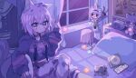  1girl aeruusa animal_ear_fluff animal_ears bangs black_hoodie bulletin_board cat_ears cat_girl cd_case clock curtains eyebrows_visible_through_hair grey_pants highres hololive hololive_gamers hood hoodie inugami_korone keychain lantern nekomata_okayu onigirya_(nekomata_okayu) ookami_mio pants purple_eyes shirakami_fubuki short_hair sitting solo suspenders sweatpants virtual_youtuber 