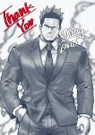  1boy absurdres balo_dqx_ff14 bara boku_no_hero_academia closed_mouth commentary endeavor_(boku_no_hero_academia) english_commentary english_text hand_in_pocket highres looking_at_viewer male_focus muscular muscular_male necktie partially_colored scar scar_across_eye scar_on_face signature spiked_hair suit 