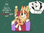  4:3 anthro australian_cattle_dog ball bingo_heeler black_body black_fur black_nose bluey_(series) blush breasts brown_nose canid canine canis cattledog chair clothing collar confetti crossed_legs crown crown_only dalmatian dipstick_tail domestic_dog duo english_text facial_markings fan_character female fingerless_gloves fur furniture gesture gloves gloves_(marking) handwear head_markings headgear headgear_only herding_dog heterochromia hi_res highlights_(coloring) leg_markings looking_at_viewer male mammal markings mask_(marking) motion_lines nipples on_model orange_body orange_fur pastoral_dog pawpads pink_nipples raised_arm raised_leg shaded simple_background slightlyarousedguy smile smiling_at_viewer socks_(marking) spots spotted_body spotted_fur spotted_markings steam suggestive suggestive_gesture tail tail_markings tennis_ball text throne toothy_grin white_body white_fur yellow_body yellow_fur 
