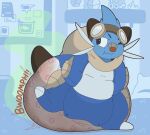 alliwazoo ambiguous_gender anthro aqua_(innocentenough) band-aid band-aid_on_face band-aid_on_nose bandage bandage_on_face bandage_on_nose bedroom blue_body blue_fur brown_ears brown_tail button_(fastener) carpet clothed clothing cork_board detailed_background dewott diaper eyewear eyewear_on_head feces full-length_portrait fur generation_5_pokemon goggles goggles_on_head grey_whiskers hand_in_pocket head_tuft hi_res innocentenough inside nintendo on_one_leg one_eye_closed onesie open_onesie orange_nose pillow pockets pokemon pokemon_(species) pokemon_onesie pooping portrait samurott shelf smile soiled_diaper soiling soiling_diaper solo sound_effects standing stink_fumes tail tuft unclean_diaper used_diaper vowelless vowelless_sound_effect wardrobe_malfunction wavy_mouth wearing_diaper whiskers