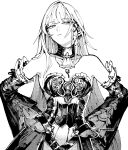  1girl :| ben-day_dots breasts closed_mouth commentary cowboy_shot dated_commentary detached_sleeves greyscale hands_on_own_hips herta_(honkai:_star_rail) highres honkai:_star_rail honkai_(series) jewelry key key_necklace long_hair looking_at_viewer monochrome necklace otimusyairoha screentones simple_background small_breasts solo the_herta_(honkai:_star_rail) twitter_username very_long_hair white_background 