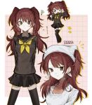  1girl :< ? absurdres apron arms_behind_back black_jacket black_sailor_collar black_thighhighs border breasts brown_eyes character_name chibi chibi_inset closed_mouth commentary_request earrings grid_background headscarf highres holding holding_microphone houndstooth jacket jewelry kappougi kujikawa_rise long_hair long_sleeves looking_at_viewer medium_breasts microphone multiple_views neckerchief notice_lines outside_border pearl_earrings persona persona_4 pleated_skirt red_hair sailor_collar school_uniform serafuku skirt smile star_(symbol) thighhighs twintails white_border white_headscarf xyurux0 yasogami_school_uniform yellow_neckerchief zettai_ryouiki 