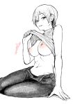  1girl 5saiji breasts clothes_lift denim eyebrows_visible_through_hair highres jeans large_breasts midriff monochrome navel nipples no_bra open_fly original pants shirt_lift short_hair simple_background sitting solo 
