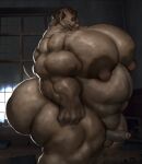 analog_horror anthro belly big_butt brown_body brown_fur butt canid canine canis clothing creepy_face creepy_smile creepypasta domestic_dog fur genitals hi_res hohohonse horror_(theme) huge_butt inside male mammal moobs musclegut muscular muscular_arms muscular_thighs nude overweight penis smile solo teeth underwear vein veiny_penis