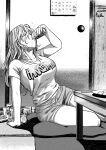  1girl alcohol arm_support beer beer_can blonde_hair blush breasts calendar_(object) can closed_eyes collarbone commentary_request door drinking greyscale highres koyubi_(littlefinger1988) large_breasts leaning_back long_hair monochrome on_floor shirt shorts sitting solo t-shirt thighhighs touhou very_long_hair yakumo_yukari 