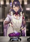  1girl absurdres apron breasts cleavage cooking genshin_impact highres large_breasts poison purple_eyes purple_hair raiden_shogun ru03s06 