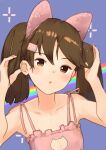  1girl :o absurdres alternate_costume animal_ears bangs blush bra brown_eyes brown_hair cat_cutout cat_ears cat_lingerie clothing_cutout co_botan commentary_request fake_animal_ears flat_chest hair_ornament hairclip highres kantai_collection long_hair looking_at_viewer meme_attire parted_lips pink_bra rainbow ryuujou_(kancolle) simple_background solo sparkle twintails underwear upper_body 