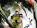  1girl absurdres animal_ear_fluff animal_ears arknights arm_at_side bare_shoulders black_collar cat_ears closed_mouth coat collar dress eyebrows_visible_through_hair glaring glowing green_dress green_eyes green_hair grey_background highres kal&#039;tsit_(arknights) kensei_(v2) looking_to_the_side medium_hair mon3tr_(arknights) off_shoulder oripathy_lesion_(arknights) simple_background sleeves_rolled_up solo stethoscope upper_body white_coat 
