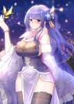  1girl absurdres alternate_breast_size_(larger) alternate_costume alternate_hairstyle armpit_crease bare_shoulders black_thighhighs blunt_bangs blurry blurry_background blush bracelet breasts bug butterfly butterfly_on_hand cleavage crystalfly_(genshin_impact) detached_sleeves earrings fan_hair_ornament genshin_impact glint hair_ornament head_tilt highres huge_breasts japanese_clothes jewelry long_hair long_sleeves looking_at_viewer looking_to_the_side no_mole purple_background purple_nails raiden_shogun shade shy sideboob standing thick_thighs thighhighs thighs upper_body wide_sleeves yae_miko yae_miko_(fox) zhihe_box 