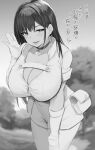  1girl bangs breasts cleavage curvy earrings gloves greyscale hand_on_own_thigh heart heart_earrings huge_breasts jewelry leaning_forward long_hair monochrome noripachi original outdoors partially_unzipped pouch sleeves_folded_up thighs translation_request tree zipper zipper_pull_tab 