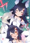  2girls ;d absurdres animal_ear_fluff animal_ears black_choker black_hair blush cat cellphone choker closed_eyes commentary_request dual_persona hair_ornament hairclip heart highres holding holding_phone hololive long_hair long_sleeves looking_at_viewer lying multicolored_hair multiple_girls on_back one_eye_closed ookami_mio open_mouth parted_lips phone red_hair shirt sleeping smartphone smile sound_effects spoken_heart streaked_hair tawa_(ookami_mio) translation_request virtual_youtuber wappa white_shirt wolf_ears wolf_girl yellow_eyes younger 