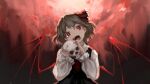  1girl :d abstract_background ascot bangs black_skirt black_vest blonde_hair blood blood_from_mouth bright_pupils demon_wings eyebrows_behind_hair fangs hair_ribbon head_tilt highres holding holding_skull long_sleeves looking_at_viewer open_mouth puffy_sleeves red_ascot red_background red_ribbon ribbon rumia short_hair simple_background skirt skull slit_pupils smile solo teeth touhou upper_body vest wb_yimo wings 