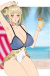  1girl absurdres alternate_costume arm_up armpits beach blonde_hair blush braid braided_bun breasts cleavage closed_mouth collarbone commentary commission cosplay cryptid_crab cup double_bun drink drinking_glass english_commentary fingernails fire_emblem fire_emblem_heroes forehead_jewel gradient_hair green_eyes hair_bun henriette_(fire_emblem) highres holding holding_cup holding_drink huge_breasts jewelry lips looking_at_viewer multicolored_hair official_alternate_costume one-piece_swimsuit outdoors pink_hair pink_lips short_hair sidelocks smile solo swimsuit tana_(fire_emblem) tana_(fire_emblem)_(cosplay) twitter_username 