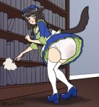 absurd_res blue_clothing blush bookshelf brush cat_tail clothed clothing diaper diaper_use felid feline feline_tail female floofnfluff furniture green_clothing hi_res legwear looking_back maid_uniform mammal solo stockings uniform wearing_diaper