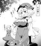  2girls aki_minoriko aki_shizuha breasts cleavage commentary_request food food-themed_hair_ornament fruit grape_hair_ornament grapes greyscale hair_ornament large_breasts leaf leaf_hair_ornament leaf_on_head monochrome multiple_girls siblings sisters tanasuke touhou translation_request 