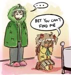  ... 1girl :o ahoge aqua_bow aqua_bowtie bags_under_eyes bed bow bowtie brown_shoes cardigan cloak commentary covering_own_face drawstring english_commentary full_body green_cloak green_hair green_hoodie grey_pants grey_skirt hair_between_eyes hair_bow hair_ribbon hands_on_own_face hide_and_seek honeythekawaiibunny_(artist) hood hood_up hoodie indoors kneehighs kneeling loafers long_hair long_sleeves looking_at_another messy_hair miniskirt neuro-sama open_mouth pants pink_slippers pleated_skirt red_bow ribbon school_uniform serafuku shoes short_hair skirt slippers socks spoken_ellipsis standing two_side_up vedal987 vedal_ai virtual_youtuber watercolor_effect white_socks yellow_cardigan you're_doing_it_wrong zipper zipper_pull_tab 
