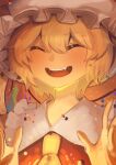  1girl :d ^_^ ascot blonde_hair blush boa_(brianoa) closed_eyes commentary english_commentary facing_viewer flandre_scarlet hands_up hat highres open_mouth red_shirt shirt short_hair smile solo touhou upper_body white_headwear wings yellow_ascot 
