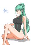  1girl absurdres aotsuba bangs breasts chest_jewel green_eyes green_hair highres large_breasts long_hair pneuma_(xenoblade) ponytail simple_background swept_bangs swimsuit very_long_hair white_background xenoblade_chronicles_(series) xenoblade_chronicles_2 