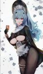 1girl azur_lane black_gloves blue_hair bodystocking breasts clothing_cutout club_(shape) commentary cross cross_necklace diamond_(shape) english_commentary forked_tongue frilled_thigh_strap gloves heart jewelry large_breasts long_sleeves looking_at_viewer maid_headdress marco_polo_(azur_lane) marco_polo_(the_queen_of_hearts)_(azur_lane) necklace official_alternate_costume red_eyes shishiria solo spade_(shape) thigh_strap tongue tongue_out underboob underboob_cutout white_wrist_cuffs wrist_cuffs 
