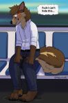 anthro barefoot belt black_belt black_clothing blue_bottomwear blue_clothing blue_pants blush blush_lines bodily_fluids bottomwear brown_body brown_fur canid canine canis cerffou chair claws clenched_teeth clothing desperation dialogue embarrassed embarrassed_expression embarrassed_male english_text fangs feet fur furniture genital_fluids hands_on_hips hi_res holding_hips humiliation humiliation_fetish inside_train male male_peeing mammal nervous nervous_look nervous_sweat omorashi on_chair pants pants_wetting peeing peeing_on_foot peeing_on_furniture peeing_on_ground peeing_on_leg peeing_on_self peeing_through_clothing peeing_through_pants profanity public_transportation rapid_transit riding_train shirt sitting sitting_on_chair skylardoodles solo steam subway sweat tail teeth text thought_bubble topwear train urine urine_on_body urine_on_foot urine_on_ground urine_on_leg urine_on_self urine_pool urine_stream urine_through_clothing vehicle watersports wet wet_clothing wetting wetting_bottomwear white_clothing white_shirt white_topwear wolf yellow_urine