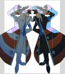  2boys absurdres azisaiharumaki56 black_coat black_hat black_pants blue_necktie brothers coat commentary_request emmet_(pokemon) full_body gloves grey_eyes grey_hair hat highres ingo_(pokemon) long_sleeves looking_afar male_focus matching_outfits multiple_boys necktie pants peaked_cap pokemon pokemon_bw shirt short_hair siblings standing white_coat white_gloves white_pants white_shirt 