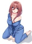  1girl barefoot blue_eyes blue_pajamas blue_pants blue_shirt blush_stickers breasts brown_hair capri_pants cleavage eyes_visible_through_hair full_body go-toubun_no_hanayome hair_between_eyes highres ibispaint_(medium) large_breasts long_hair long_sleeves looking_at_viewer nakano_miku open_mouth pajamas pants shadow shirt sidelocks simple_background single_bare_shoulder sitting solo ssiapasaya twitter_username wariza white_background 