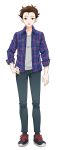  1boy a.i._voice absurdres black_footwear blue_pants blue_shirt brown_eyes brown_hair collarbone full_body fuyaketa grey_shirt hand_on_hip highres hinode_ken looking_at_viewer male_focus official_art open_clothes open_mouth open_shirt pants plaid plaid_shirt shirt shoes smile sneakers solo transparent_background 