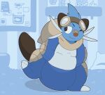 alliwazoo ambiguous_gender anthro aqua_(innocentenough) band-aid band-aid_on_face band-aid_on_nose bandage bandage_on_face bandage_on_nose bedroom blue_body blue_fur brown_ears brown_tail carpet clean_diaper clothed clothing cork_board detailed_background dewott diaper diaper_under_clothing diaper_under_onesie eyewear eyewear_on_head full-length_portrait fur generation_5_pokemon goggles goggles_on_head grey_whiskers hand_in_pocket head_tuft hi_res innocentenough inside nintendo on_one_leg one_eye_closed onesie orange_nose pillow pockets pokemon pokemon_(species) pokemon_onesie portrait samurott shelf smile solo standing tail tuft wearing_diaper whiskers