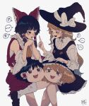  ! !! ... 2girls ? ascot bangs black_dress black_hair black_headwear black_skirt black_vest blonde_hair blunt_bangs blush bow braid brown_eyes commentary_request detached_sleeves dress eyebrows_visible_through_hair frilled_bow frilled_dress frilled_hair_tubes frilled_hat frills hair_bow hair_tubes hakurei_reimu hat hat_bow index_finger_raised kirisame_marisa long_hair long_sleeves looking_at_another multiple_girls nontraditional_miko open_mouth red_bow red_skirt sarashi shirt shoes signature simple_background single_braid skirt smile socks sokura_(mochichitose) spoken_blush spoken_ellipsis spoken_exclamation_mark spoken_question_mark spoken_squiggle squiggle touhou vest white_background white_shirt witch_hat yellow_ascot yellow_eyes yukkuri_shiteitte_ne 